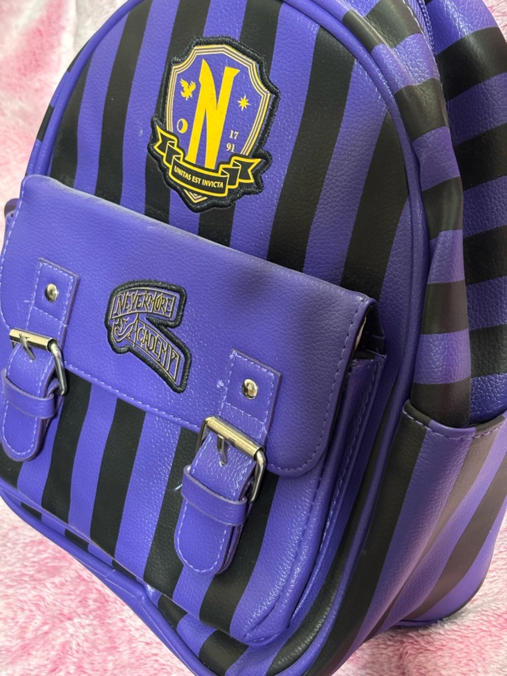 Purple & Black Striped Wednesday Official MGM Faux Leather Backpack